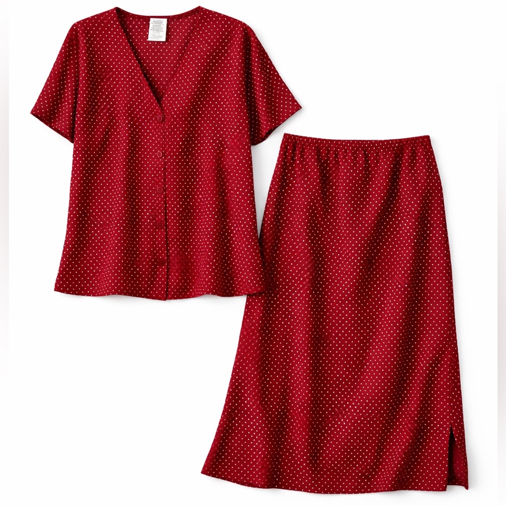 Kathie Lee Collection NWT Vintage Polka Dot Coord Set Blouse+Skirt Brick Red XL